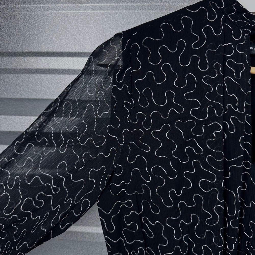 Club Monaco Black Abstract Print Chiffon Long Sleeve Drawstring Dress Size 6 - Picture 6 of 12